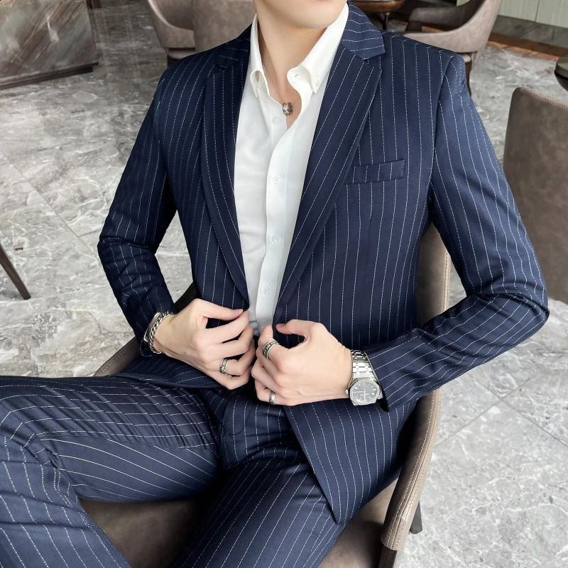 2024 spring and autumn stripes suit trousers highquality mens fashion thin casual business twopiece set 250311