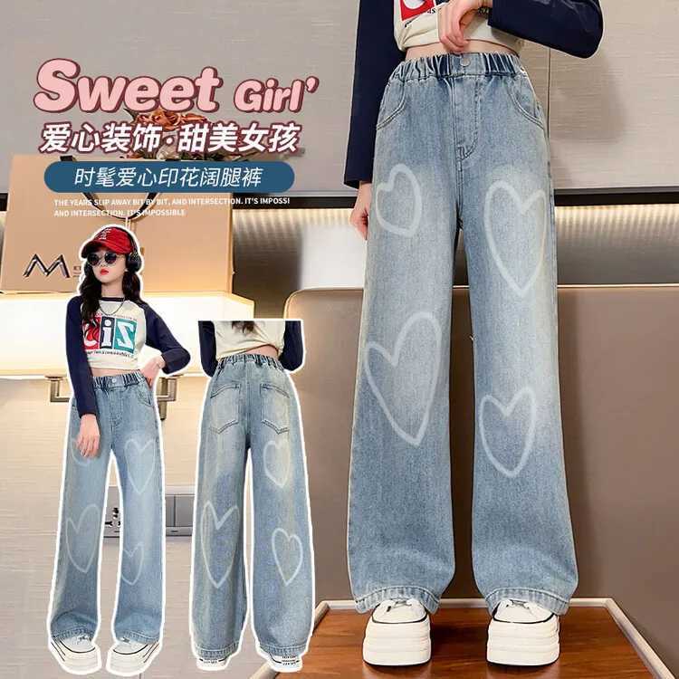 Childrens school loose Trouser big girl new arrival jeans with rope heart-shaped pattern spring and autumn fashion wide leg pants high qualityT250326