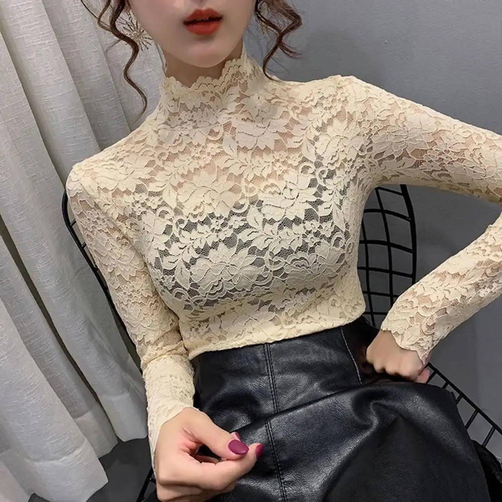 Women Blouse Half High Collar Long Sleeves Lace Top See-Through Slim Lace Crochet Patchwork Hollow Lady Tee Top Streetwear 250320