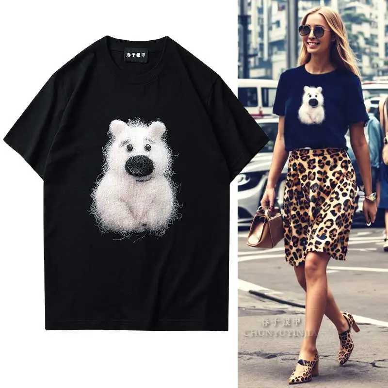 Chunyuyinjia luxury ladies Designer Cute funny Bear 3D Print pattern Short-Sleeve graphic T-Shirt Black Women Men couple TeeT250320