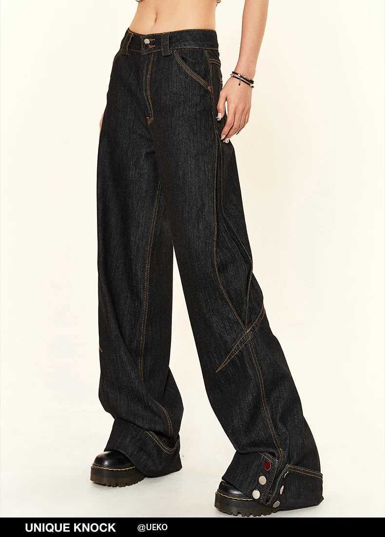 Womens Black Gothic Cargo Jeans Harajuku Y2k Vintage Baggy Denim Trousers 90s Aesthetic Wide Jean Pants 2000s Trashy Clothes 2024T250319