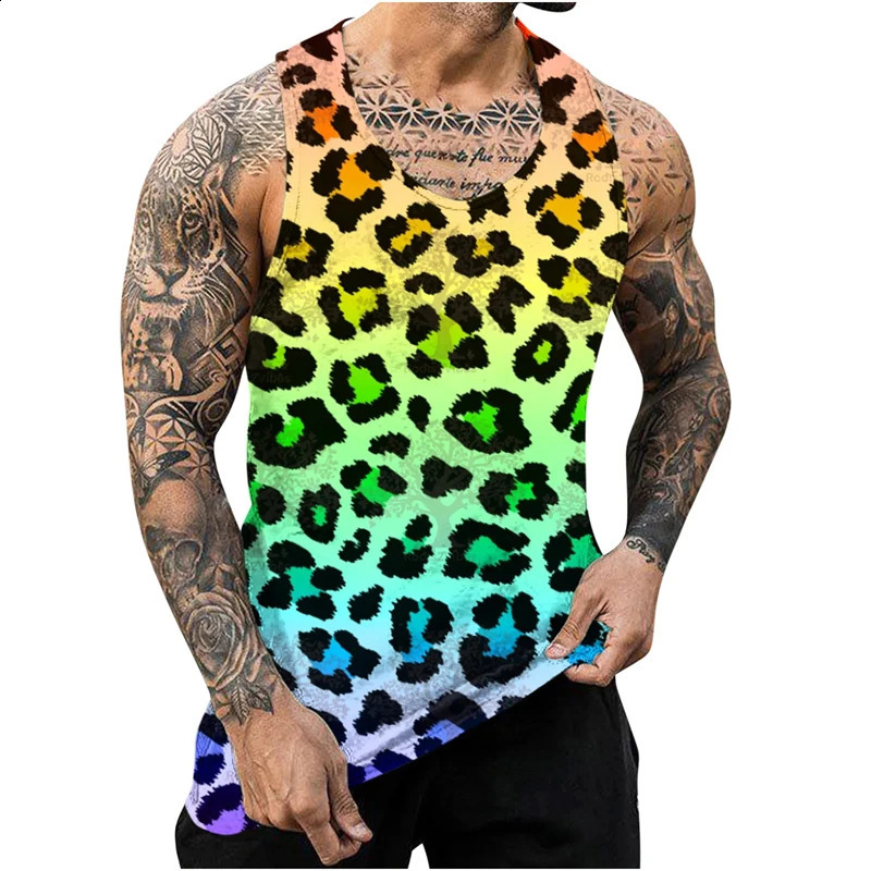 Leopard Printed Tank Top Quick Drying Gym Clothing Mens Tank Top Summer Sports Underwear Harajuku Fashion Street Clothing y2k Top 250318