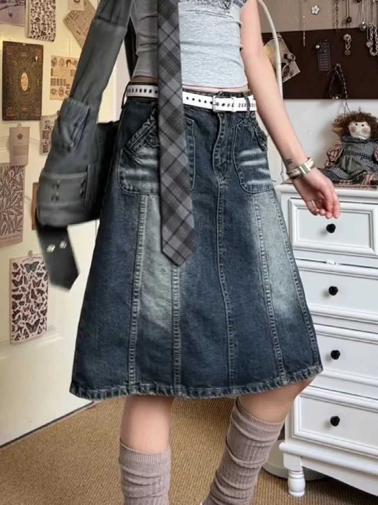 Summer womens Korean Midi denim Skirt Cyber Punk Gyaru Coquette 2000 retro Harajuku Gothic Japanese fashion Y2k streetwear newXJ250320