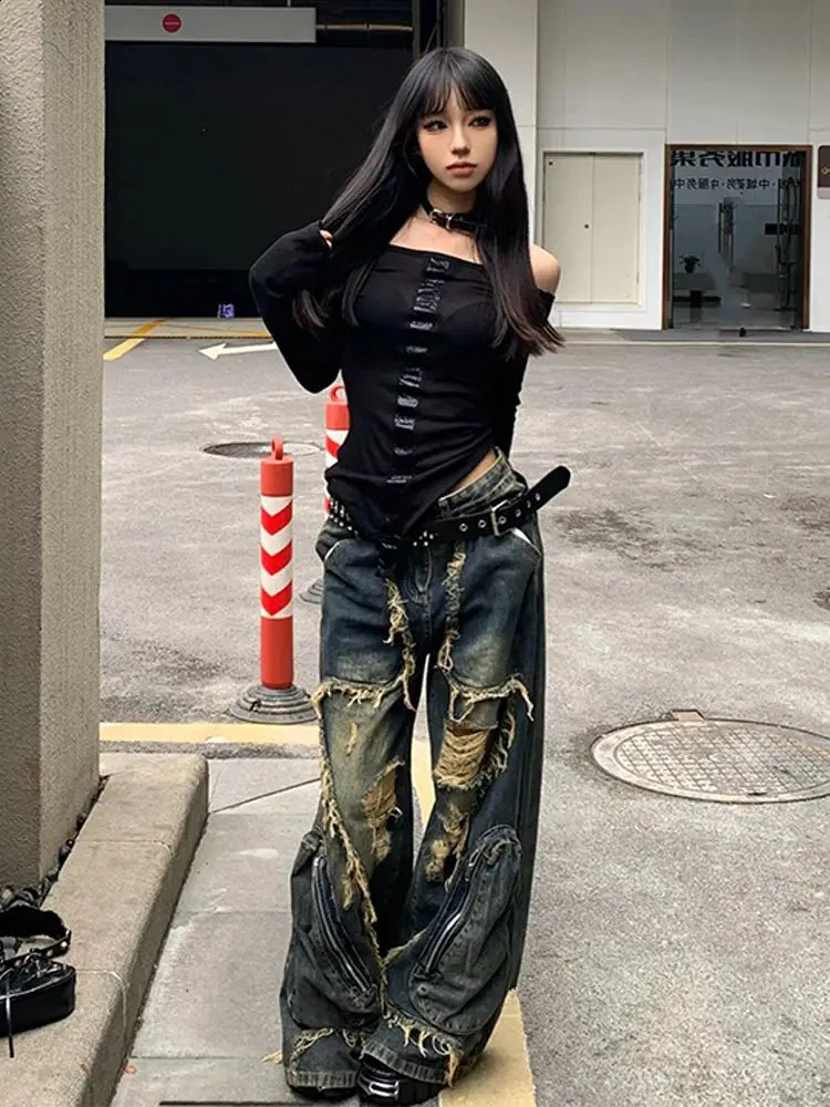 Winter Punk Sexy Retro Tear Harajuku Loose Jeans Y2K Hollow Garbage Pants Womens BaggyTassels Cowboy Trouser 250314