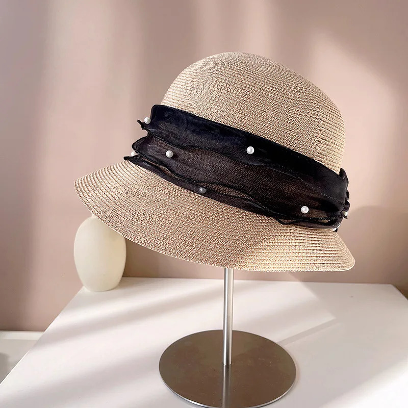 High Quality Summer Straw Hat 2025 Women Elegant Pearl Bow Hepburn Style Sun Hat Outdoor Folding Sun Protection Beach Hat 250320
