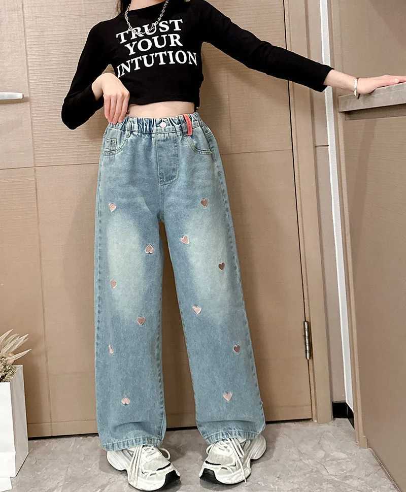 2024 Spring/Summer Girls Versatile Love Metal Buckle Wide Leg Pants Pocket Jeans Elastic Waist Pants 1-6 Years OldT250326