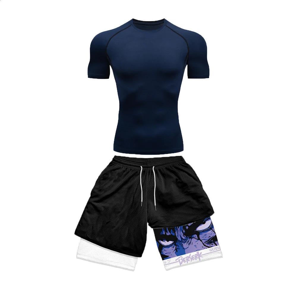 Mens Compression Suit Sports Fitness Quick Drying Tight Short Sleeved Anime Double Layer Shorts Summer 250319