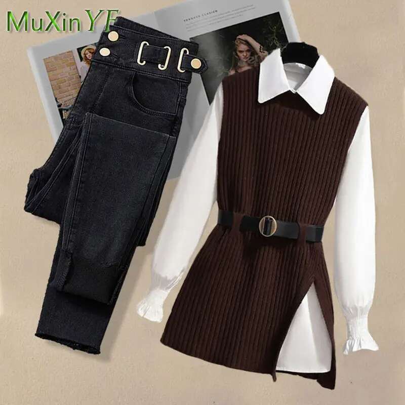 2025 Spring New Korean Elegant In Matching Set Women's Fashion Knitted Vest+Shirt+Jeans Three Piece Female Chic Denim Pants Suit