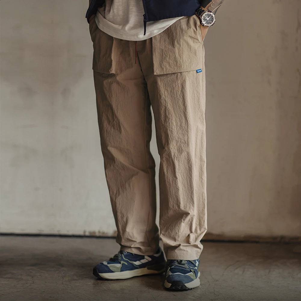 Maden OG107 Multipocket Casual Pants with Elastic Waist and Drawstring n Plaid Thin Straight Trousers for Mens Autumn 250317