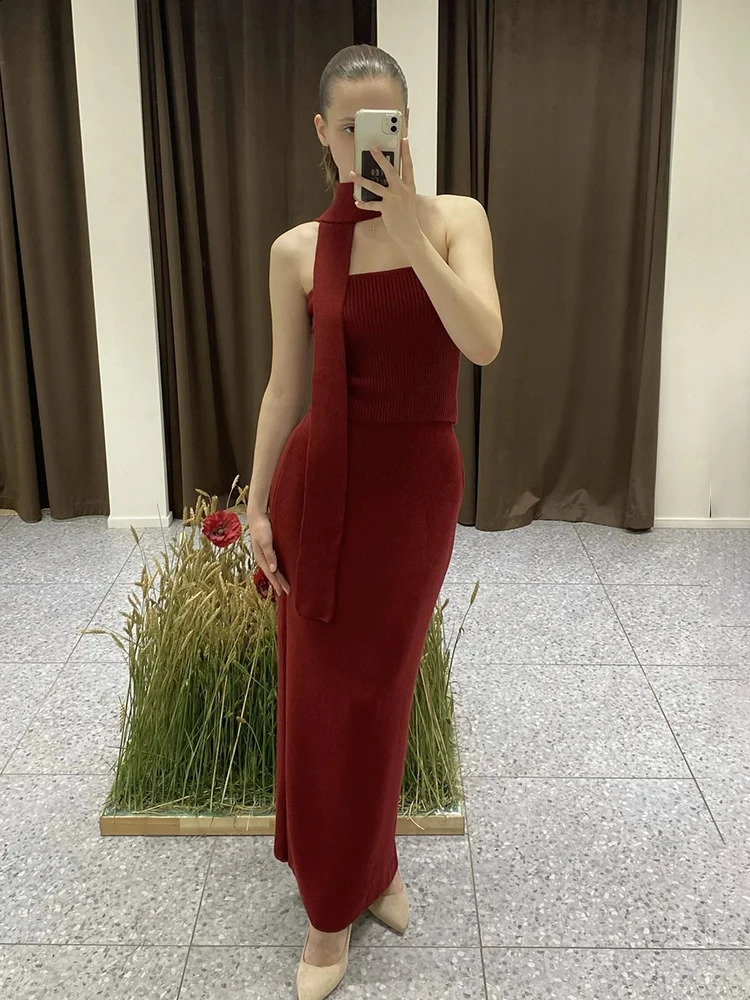 Taruxy Knitted Dress Set Womens Elegant Strapless Top Ultra Thin High Waist Long Style Summer Sweater 2-piece Set 250317