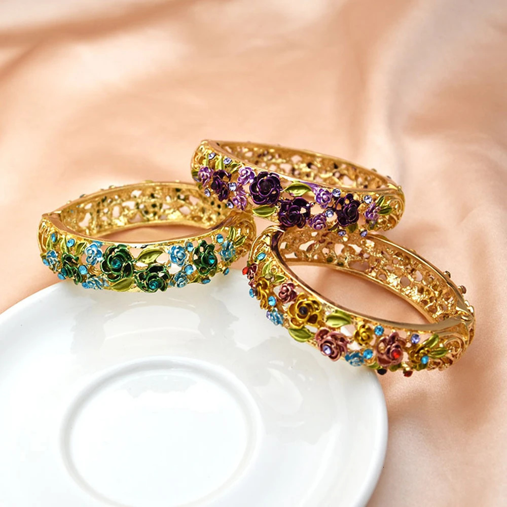 Colored Enamel Flower Bangles Alloy Openwork Engraving Vintage Floral Bracelets Red Purple Rose Bracelets For Women Jewelry Gift 250320