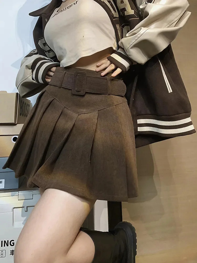 Corduroy Pleated Mini Skirt with Belt for Women Vintage Academy School Skirt Autumn Winter Outfit 250320