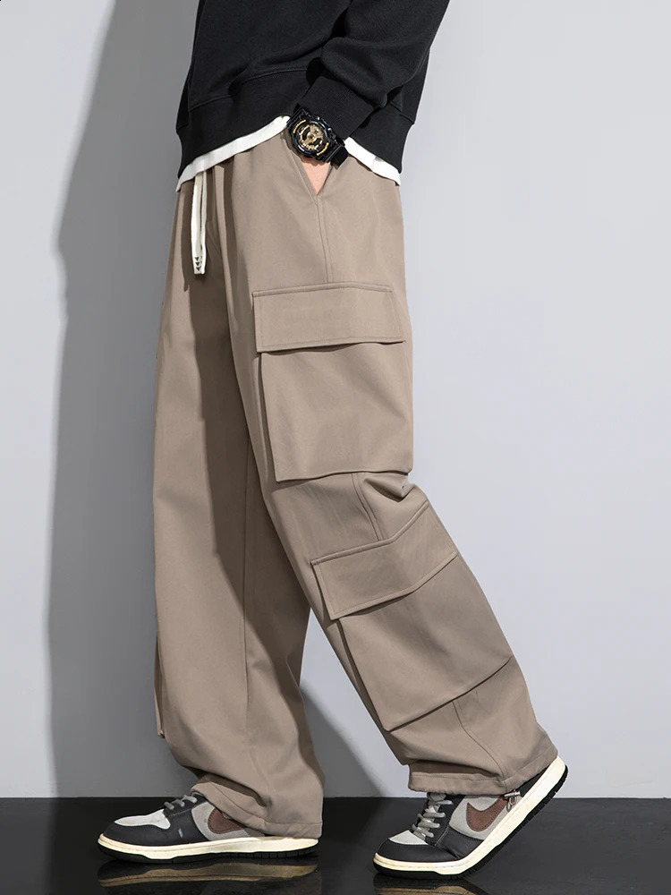 Mens Wide Leg Cargo Pants Spring Summer High Street Fashion MultiPocket Casual Big Size Loose Fit Straight Trousers 250317