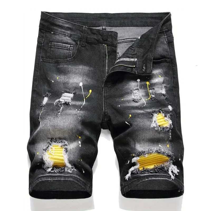 Summer New Mens Fashion Stretch Denim Shorts Retro Street Style Old Slimming Shorts Jeans Splicing Design 98% Cotton Brand W250319
