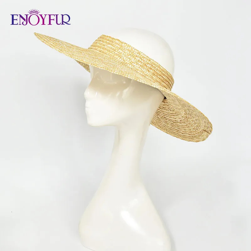 ENJOYFUR Women Summer Visor Hats Natural Straw Empty Top Beach Hat Quality Wide Large Brim Unisex Couple Travel Sun Caps 250320