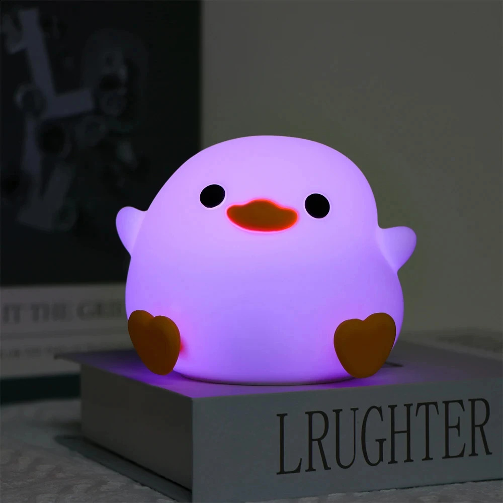LED Night Light Cute Duck Cartoon Animals Decor Silicone Lamp for Children Kid Touch Sensor Timing USB Rechargeable for Birthday 250319