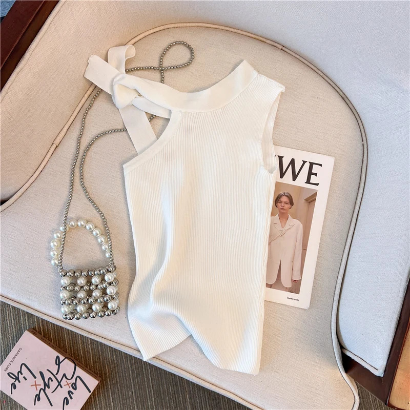 Elastic Knitted Top Women Y2K Tank Top One Shoulder Vest Female Sleeveless Sweater Chic Cut Out Streetwear Solid Skinny Tube Top 250320
