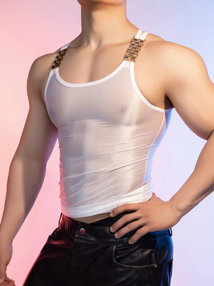 Sexy mens shiny oil tank top dyed smooth waistband transparent fashionable high elasticity sleeveless shirt 250319
