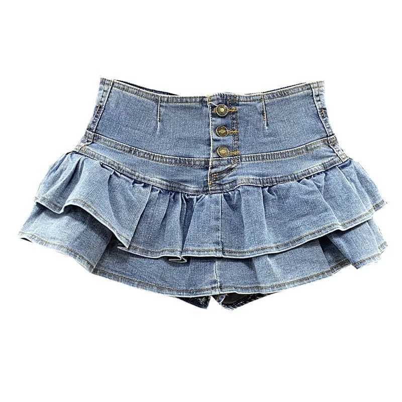 Fashion Blue Denim Skirt Printed Pleated High Waist Mini Skirts Y2K Retro Sweet Cute Sexy Streetwear Women Skirt 2025 New SummerXJ250320