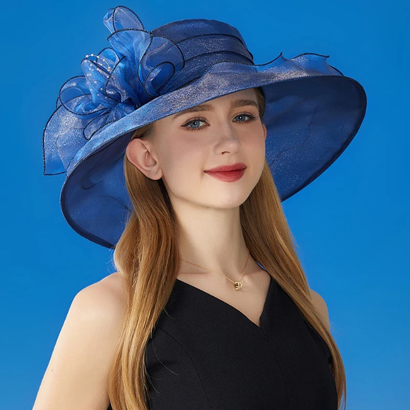 French Vintage Foldable Organza Flowers Hats Women Summer Ruffles Wide Brim Church Bridal Sun Hat Ladies Outdoor Styling Caps 250320