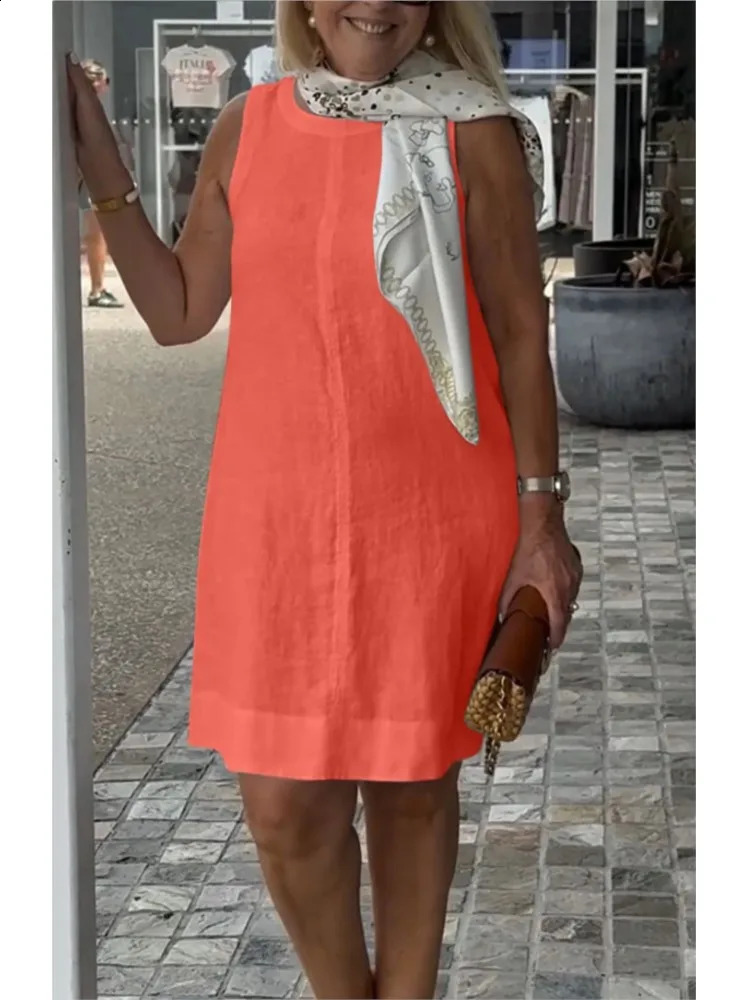 Summer womens casual solid sleeveless O-neck womens vest mini dress womens fashionable and elegant holiday dress 250314
