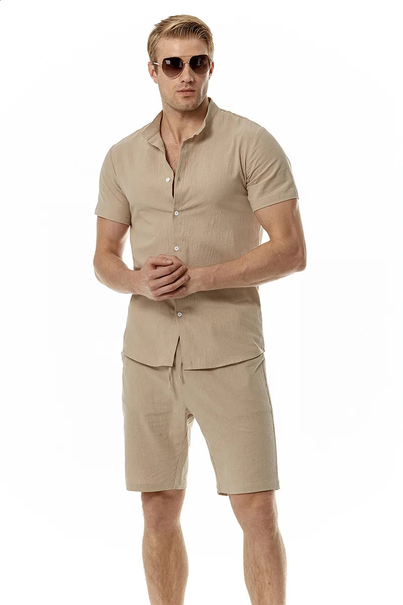 Summer Mens Cotton Linen Henley Neck Beach Casual Solid Short Sleeve Set 250314