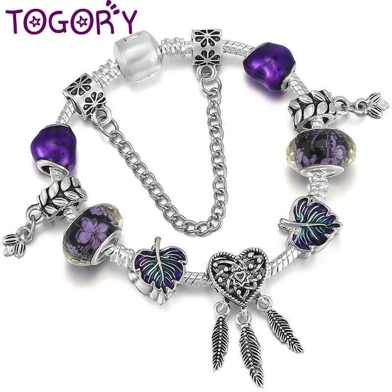 Silver Color Leaves Beads Charm Bracelet With Feather Pendant DIY Fashion Bracelets Jewelry For Women Girlfriend Dropshipping