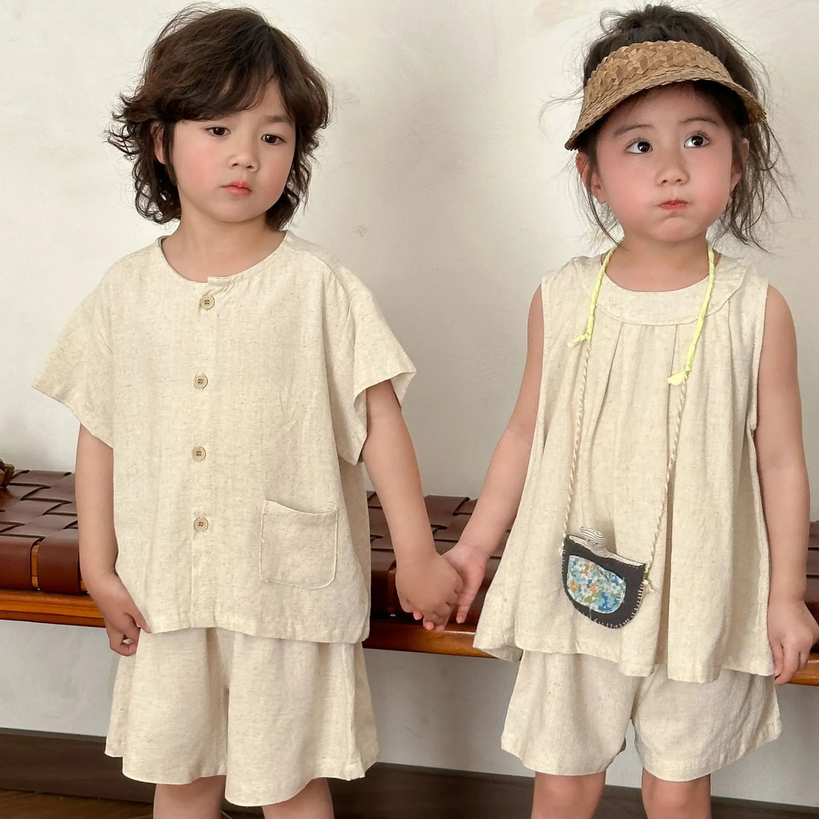 Summer Kids Clothes Set Cotton Linen Tshirt Solid Shorts Boys 2Pcs Suit Short Sleeve Children Girls Outfits Sibling Look 250319