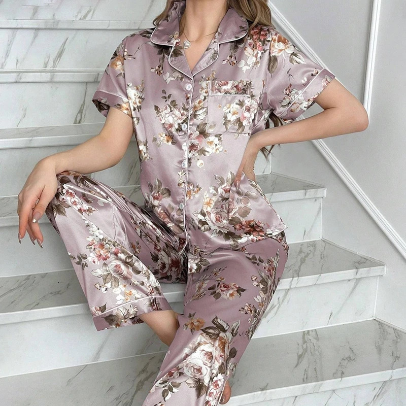 Womens Satin Pajamas 2 Piece Autumn Short Sleeve Top Long Pants Pj Sets Silky Sleepwear Loungewear for Ladies Home Clothes 250320
