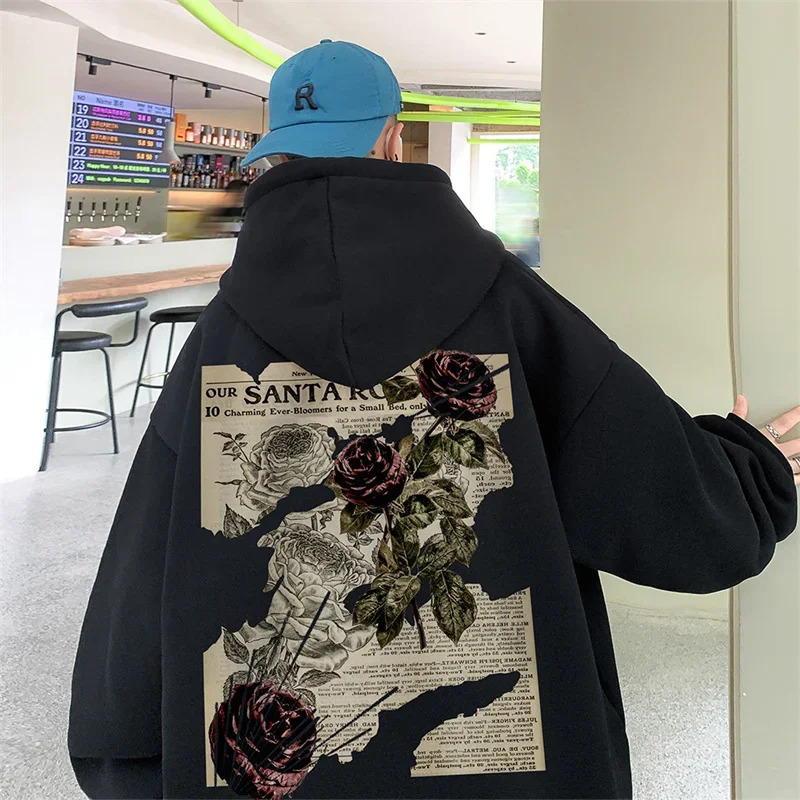 Autumn Goth Rose Graphic Print Mens Hoodie Hip Hop Fashion Y2K Street Clothing Casual Wool Loose Pull up Sweatshirt 250320Z