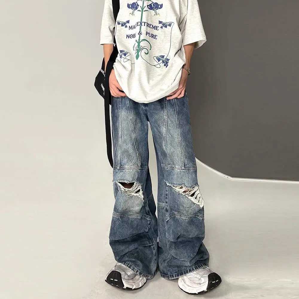 High Street Hip Hop Mens and Womens Fashion Personality Destruction Jeans Couple Loose Laundry Retro Casual Pants y2kT250319