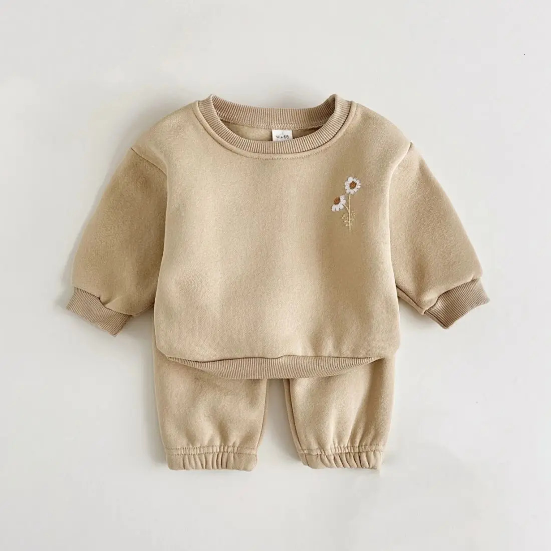 Autumn Thick Clothes Baby Set Wool Embroidery Daisy Pullover SweatshirtRunning Pants Boys and Girls Basic Winter 2PCS 250319