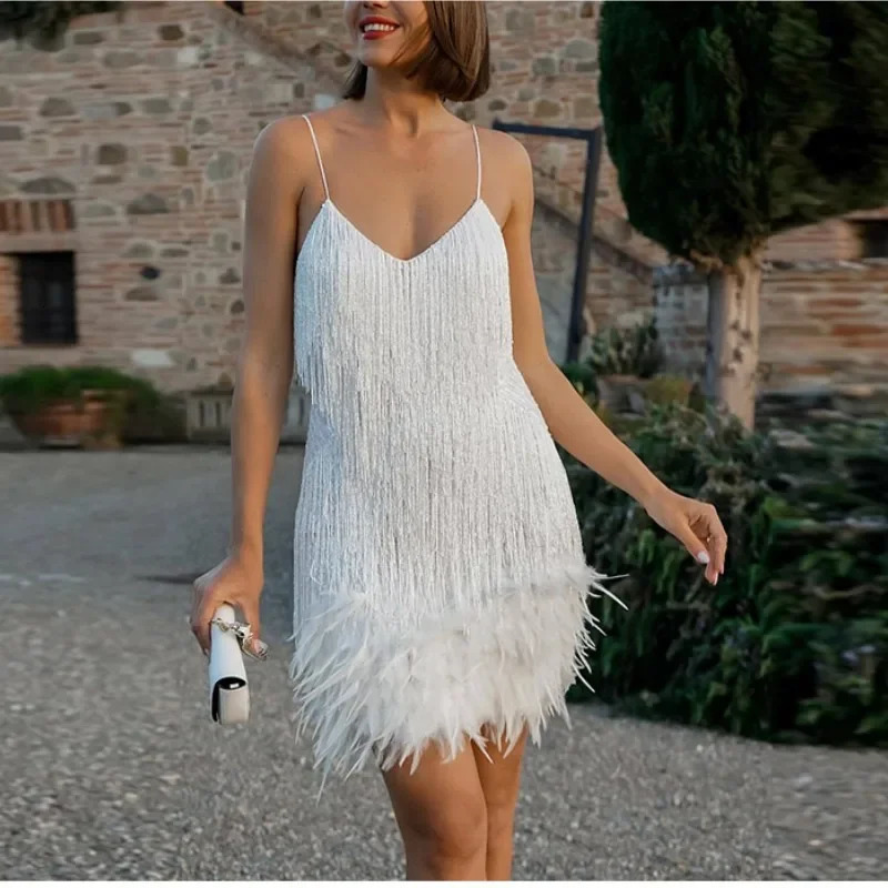 Sexy Tassel Sequins Feather Mini Dress Women Spaghetti Strap Stitching Dresses Female Elegant Evening Party Club 250320