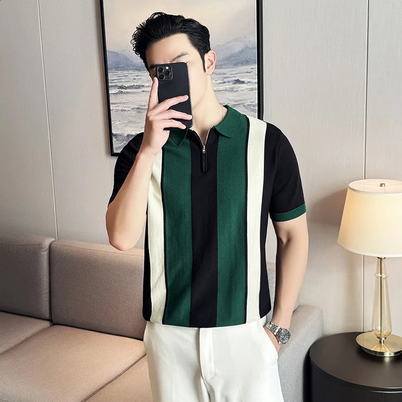 Cuban Collar Knitted Fabric POLO Shirt Mens Summer Short-sleeved Pullover T-shirt Shirt White Green Black Men Top M L XL XXXL 250317