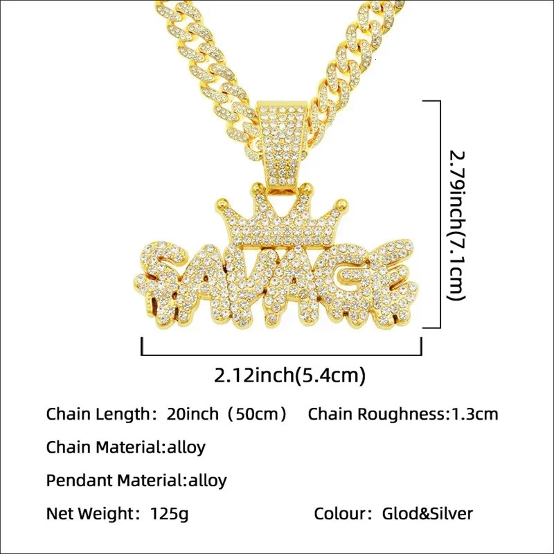 Hip Hop Bling Crown Letter Savage Pendant Necklace With 13mm Cuban Chain Iced Out Statement Neck Jewelry Drop 250320