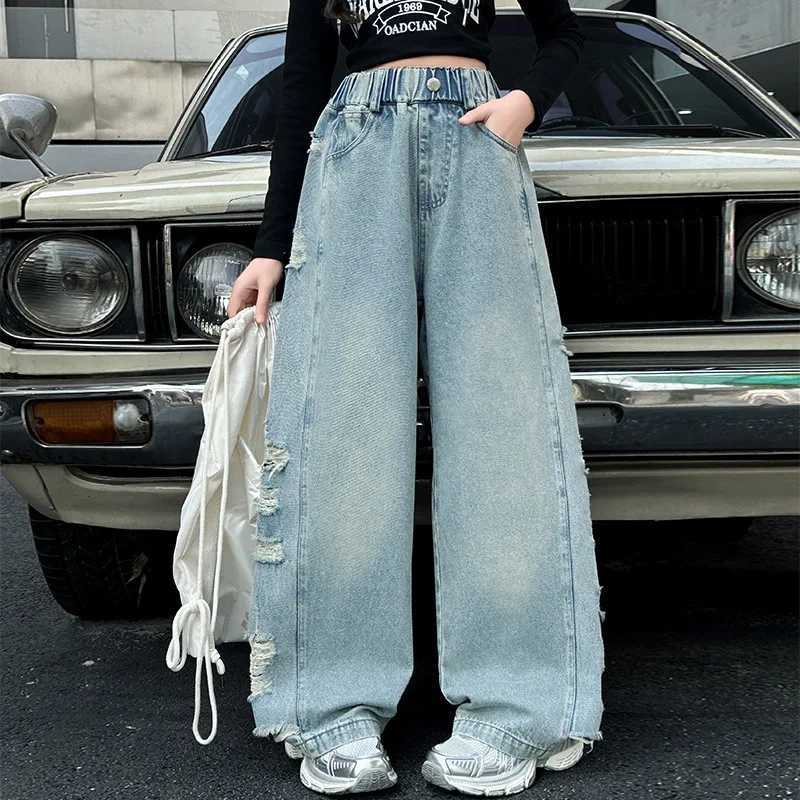 Childrens retro torn jeans suitable for girls fashionable high waisted spring and autumn broken holes wide legs teenagers childrens denim TrouserT2503