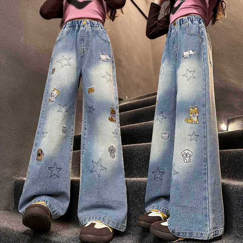 Girls Jeans Spring Autumn Cartoon Wide Leg Jeans for Teenage Kids Heavy Embroidery Star Loose Straight Leg Trousers for ChildrenT250326