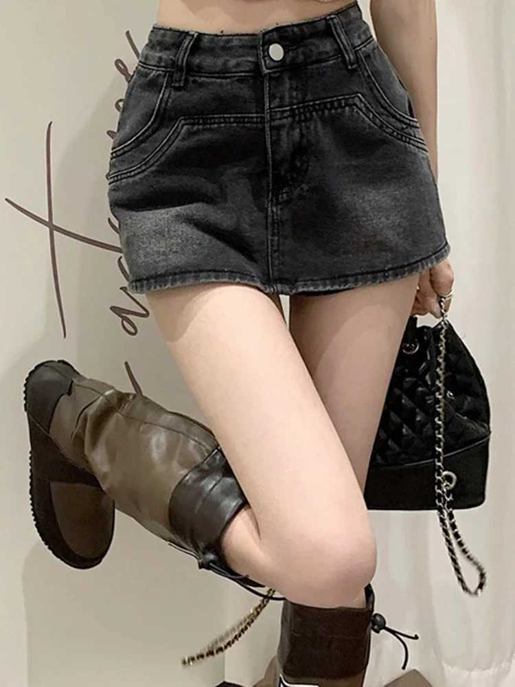 Summer womens Y2k loose denim skirt Korean womens high waisted dress Fe light blue black gray wrapped buttocks A-line short skirtXJ250320