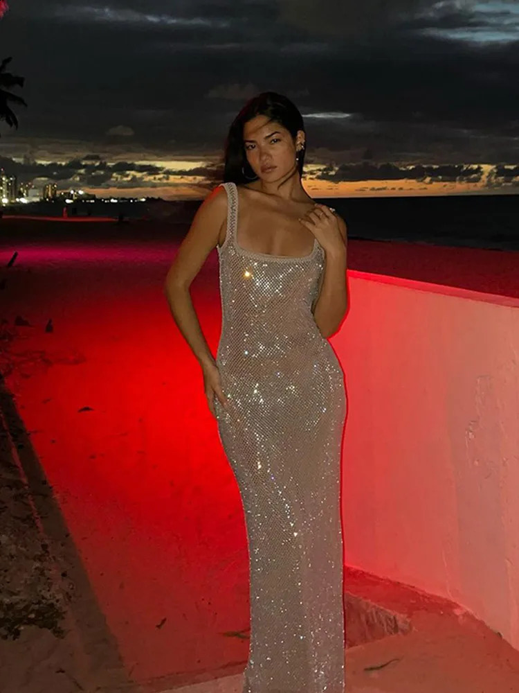 Solid Sequin Glitter Long Dress Women Sexy Square Collar Sling Slim Maxi Dresses Lady Fashion Elegant Party Evening Robes 250319