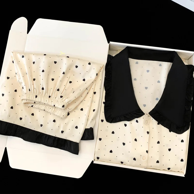 Summer Ladies Ins Cute Doll Collar Polka Dot Love Print Pajamas Loungewear Set Ice Silk Short Sleeve Short Pants Leisure Suit 250320