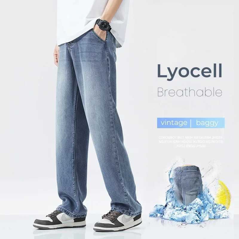 New Lyocell wide pocket jeans for mens fashion Korean straight stretch mens casual denim pantsT250319