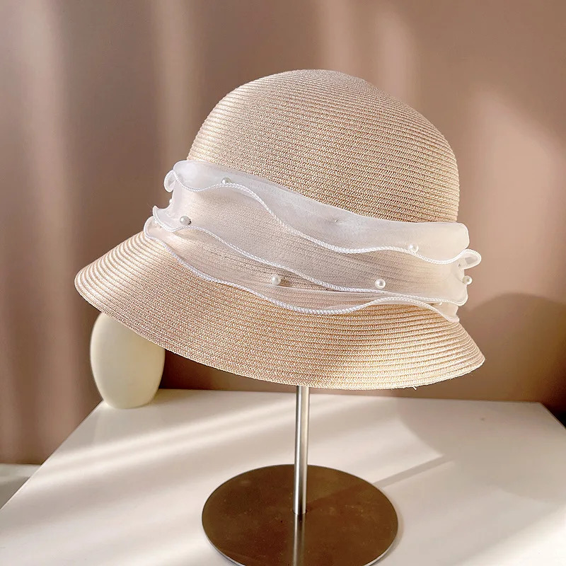 High Quality Summer Straw Hat 2025 Women Elegant Pearl Bow Hepburn Style Sun Hat Outdoor Folding Sun Protection Beach Hat 250320