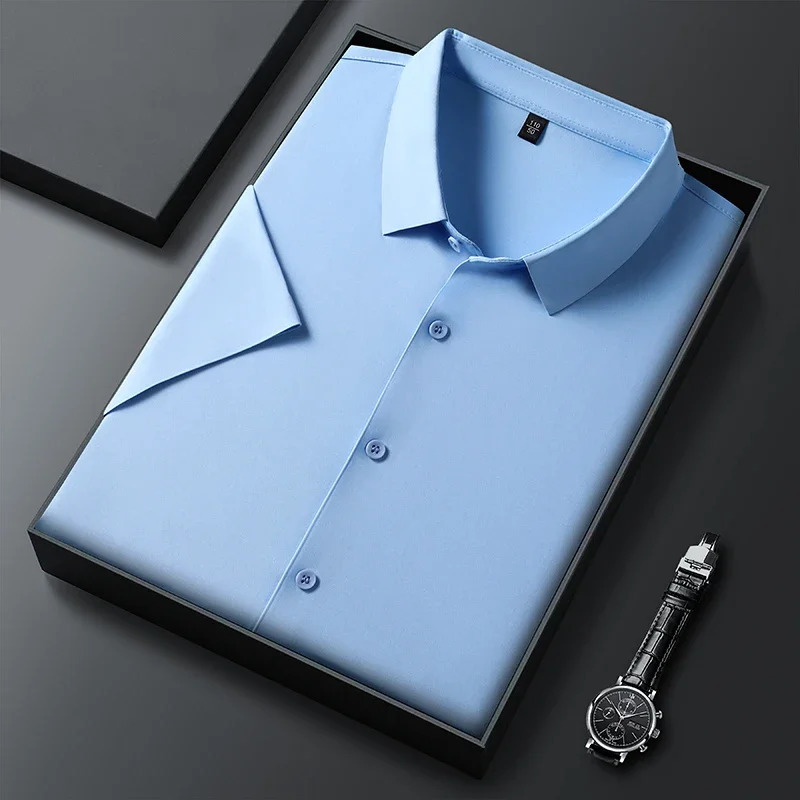 Mens Business Casual Solid Color Short Sleeved Shirt for Summer Fashion No Ironing Comfortable and Versatile Top 250320