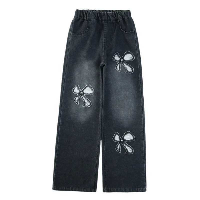 Girls Jeans New Childrens Spring and Autumn Butterfly Embroidered Straight Wide-leg Trousers Kids Denim Pants for TeenagersT250326