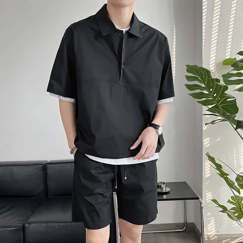 Mens summer polo shirt two-piece buttoned up casual cargo sports summer track and field clothing fashionable short sleevedshort sleeved set 250318