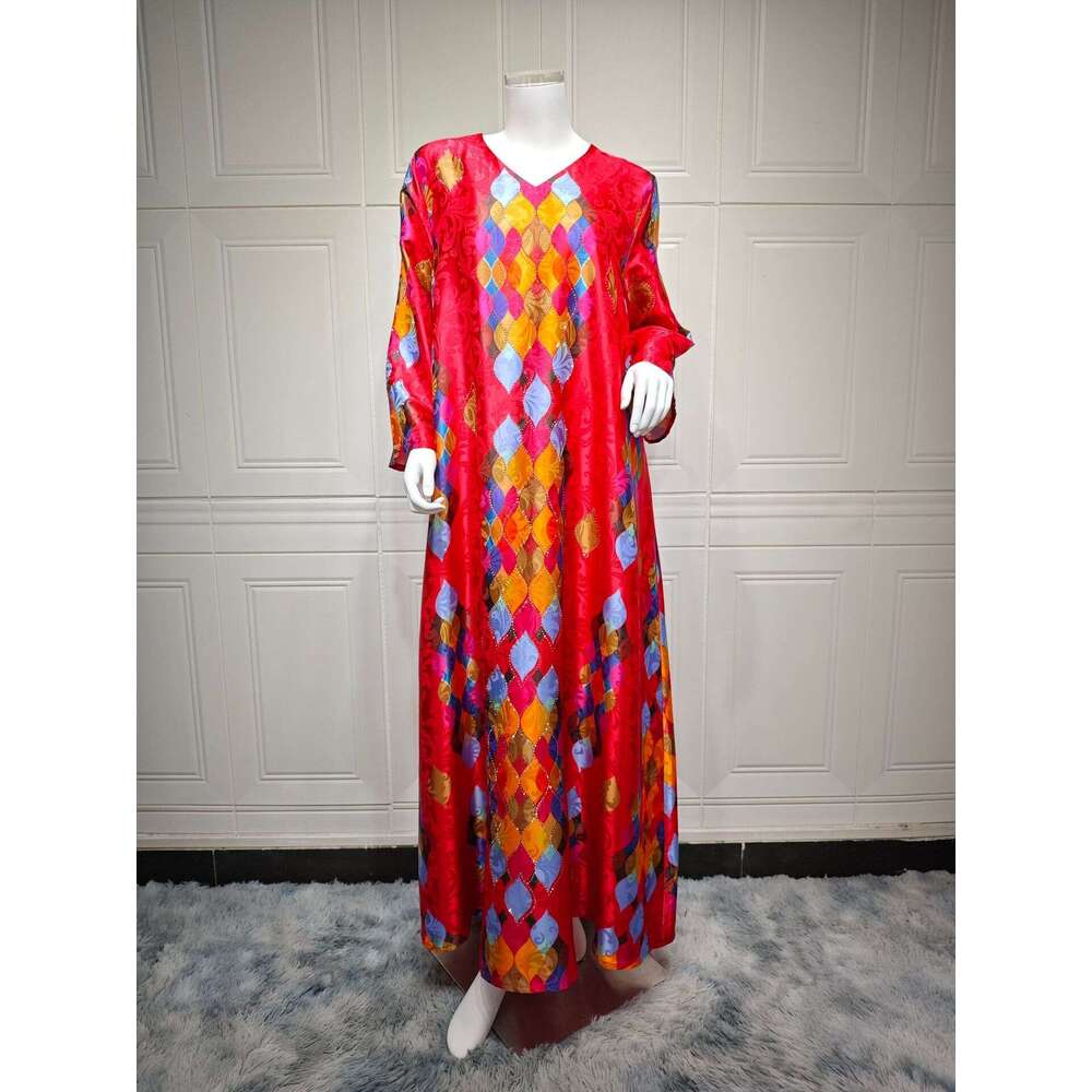 Ab396 Muslim Printed Rhinestone V-Neck Elegant Sleeved Dress Women's Long Skirt Robe