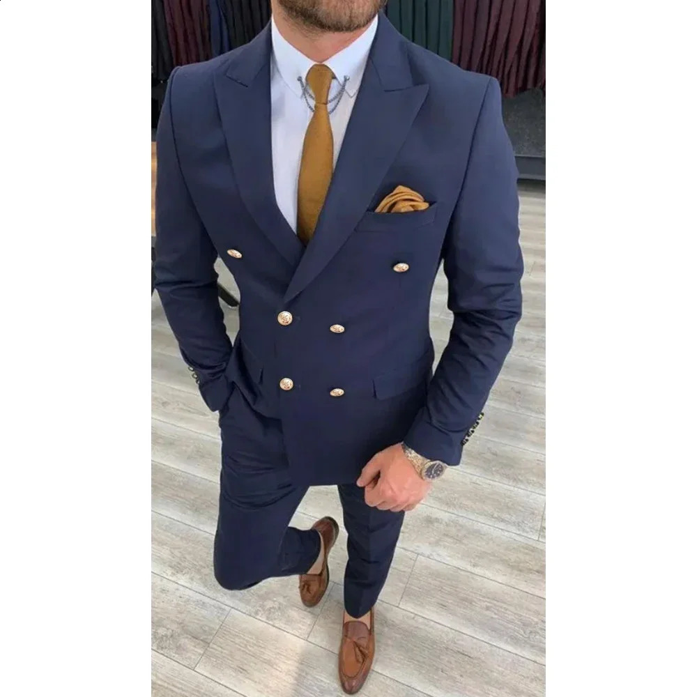 Mens Suit Navy Blue Lapel Double Breasted Elegant Groom Full Set 2 Piece Jacket Pants Skinny Costume Homme Terno 250311