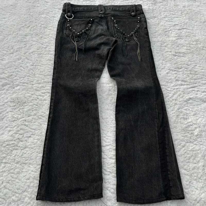 Y2K baggy Jeans Black Vintage Cross Leather Detail Punk Flared Jeans Gothic Streetwear Harajuku men women Casual wide leg jeansT250319
