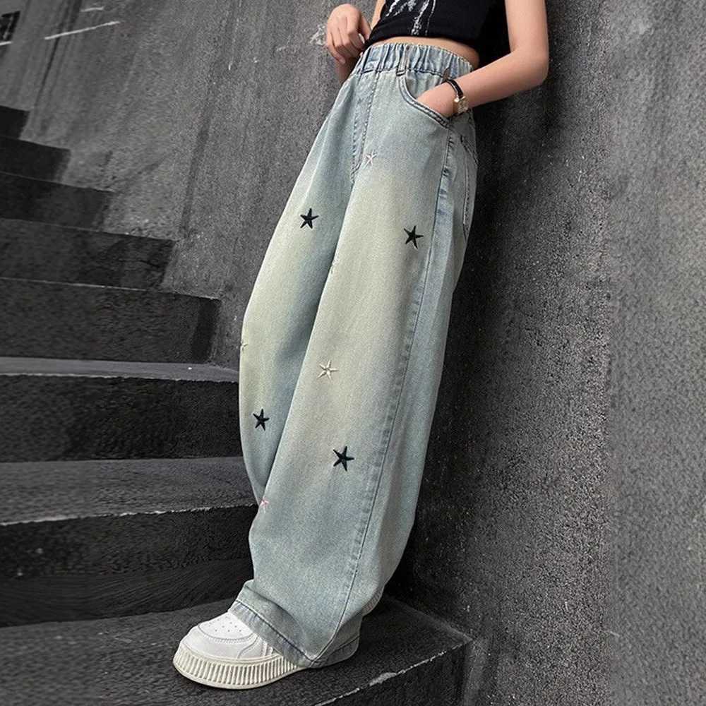 Spring Autumn Girls Pants 4-12 Years Children Casual Loose Jeans Star Knotbow Embroidery Little Girls Denim Wide-leg PantsT250326