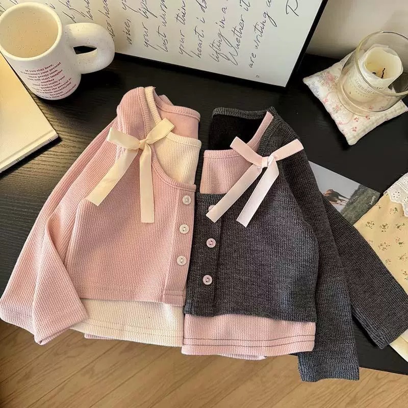 Ddmyshoesvip Girl S Spring Sweet Fake Two Piece T Shirt New Korean Version Versatile Women S Treasure Fashion Western Bow Top